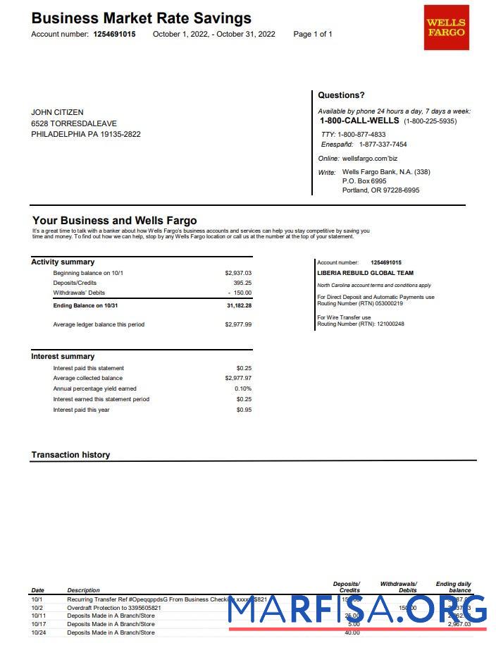 Downloadable USA Wells Fargo bank statement word version 2 download for verification